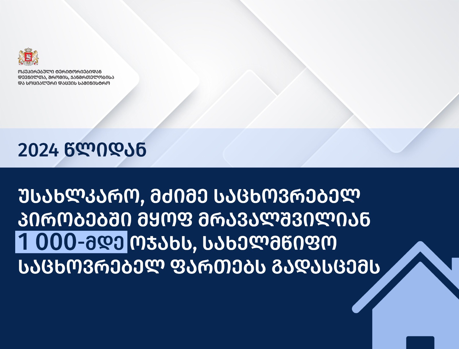 სახელმწიფო საცხოვრებელ ფართებს გადასცემს,  1000-მდე მრავალშვილიან სოციალურად დაუცველ ოჯახს